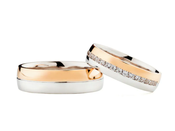 Two tone wedding bands set with diamonds. - Image 2