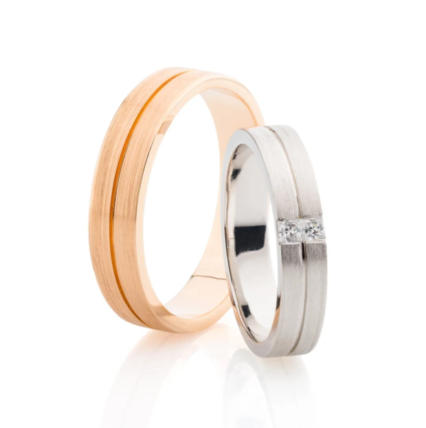 Matte Brushed Wedding Bands Made of Solid Gold With Diamonds. - Image 2