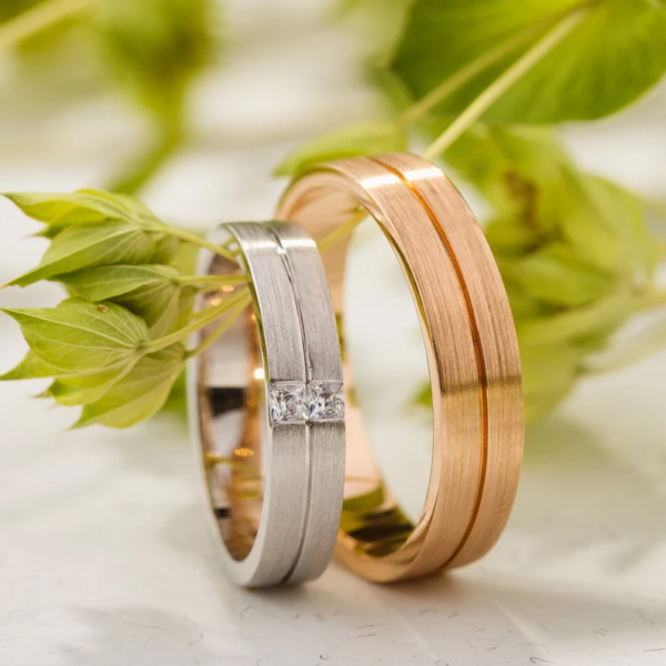 Matte Brushed Wedding Bands Made of Solid Gold With Diamonds. - Image 3