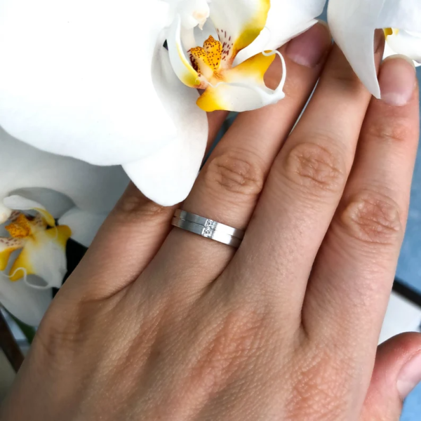 Matte Brushed Wedding Bands Made of Solid Gold With Diamonds. - Image 4
