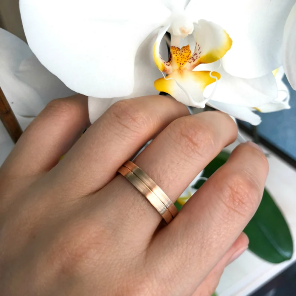 Matte Brushed Wedding Bands Made of Solid Gold With Diamonds. - Image 5