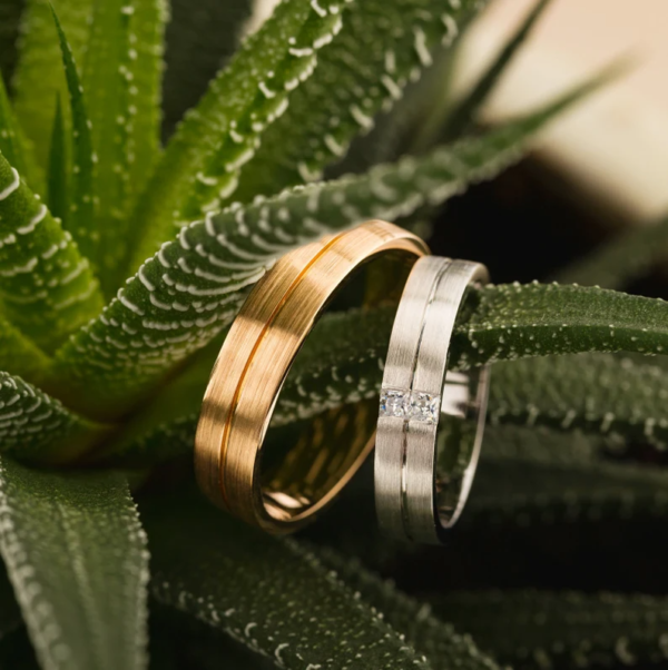 Matte Brushed Wedding Bands Made of Solid Gold With Diamonds.