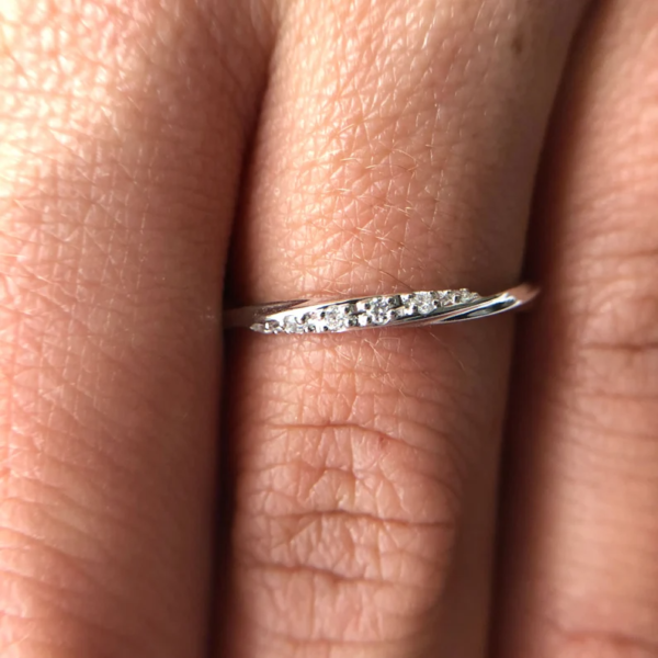 Curved Wedding Diamond Ring, Dainty 14K White Gold Stackable Band. - Image 2