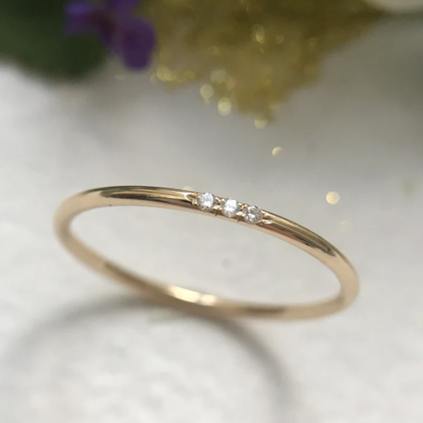 White Gold Three Diamond Ring, Real Gold Midi And Tiny 14K Gold Band.