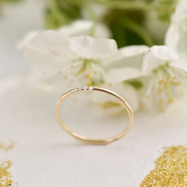 White Gold Three Diamond Ring, Real Gold Midi And Tiny 14K Gold Band. - Image 2