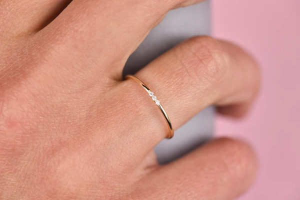 White Gold Three Diamond Ring, Real Gold Midi And Tiny 14K Gold Band. - Image 3