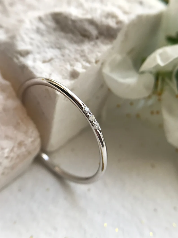 White Gold Three Diamond Ring, Real Gold Midi And Tiny 14K Gold Band. - Image 4