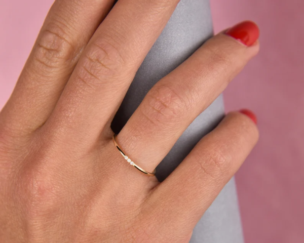 White Gold Three Diamond Ring, Real Gold Midi And Tiny 14K Gold Band. - Image 7