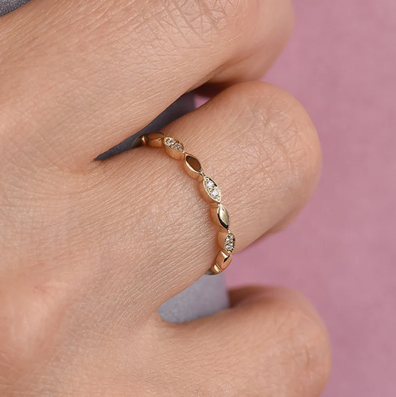 White Gold Wedding Band, Women Milgrain Engagement Ring. - Image 4