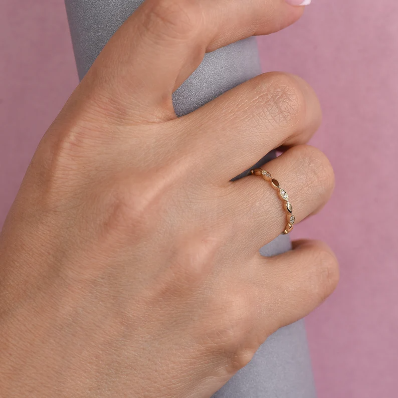 White Gold Wedding Band, Women Milgrain Engagement Ring. - Image 5