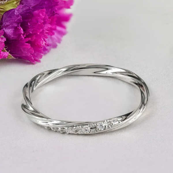 Curved Wedding Diamond Ring, Dainty 14K White Gold Stackable Band.