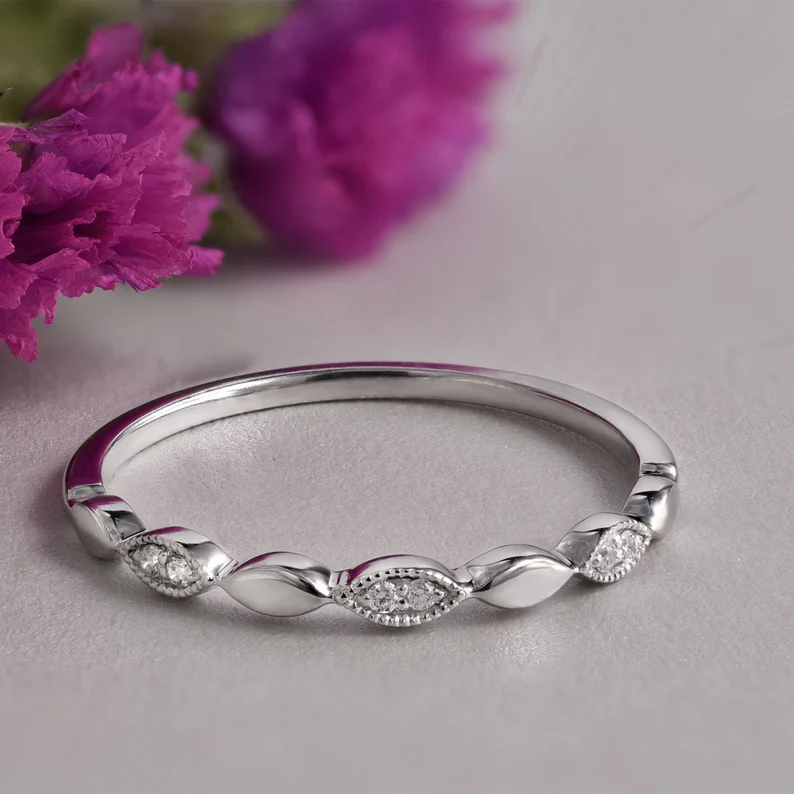 White Gold Wedding Band, Women Milgrain Engagement Ring. - Image 6