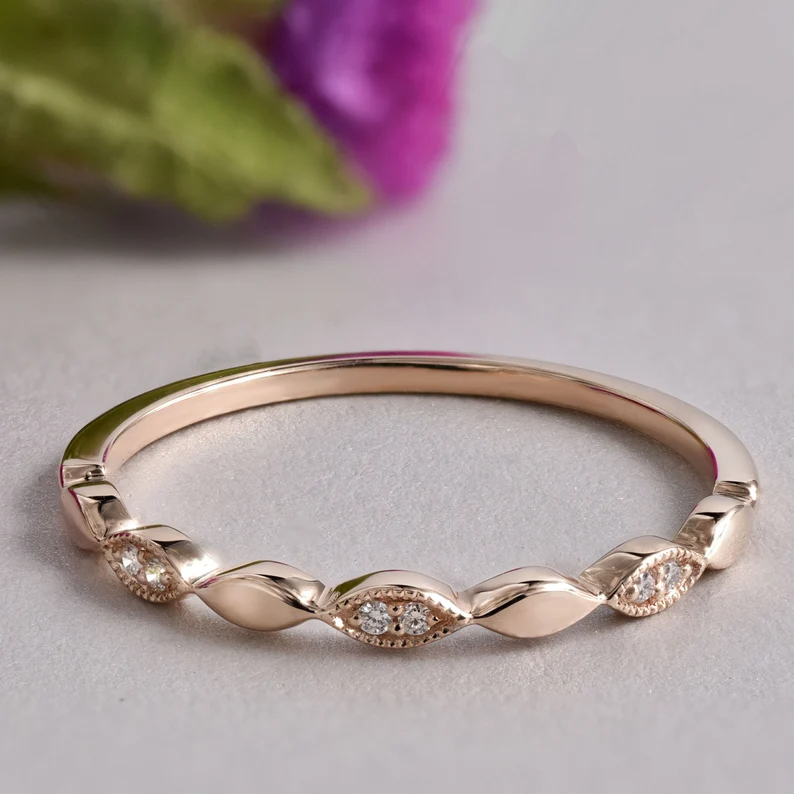 White Gold Wedding Band, Women Milgrain Engagement Ring. - Image 7