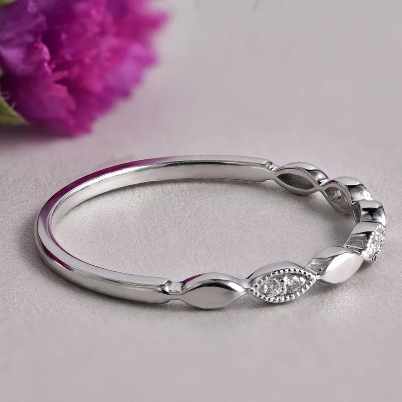 White Gold Wedding Band, Women Milgrain Engagement Ring. - Image 8