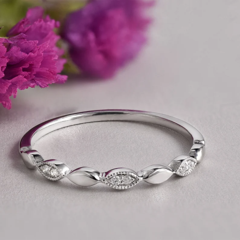 White Gold Wedding Band, Women Milgrain Engagement Ring. - Image 9