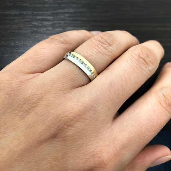 Two tone wedding bands set with diamonds. - Image 3