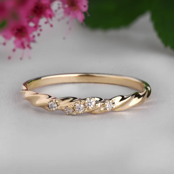 Twisted Wedding Ring, Dainty Band in 14K Solid Gold with Diamonds.
