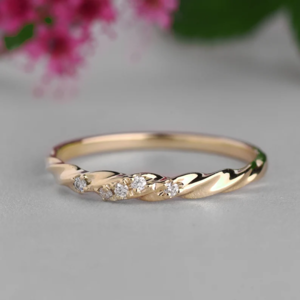 Twisted Wedding Ring, Dainty Band in 14K Solid Gold with Diamonds. - Image 3