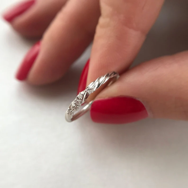 Twisted Wedding Ring, Dainty Band in 14K Solid Gold with Diamonds. - Image 4