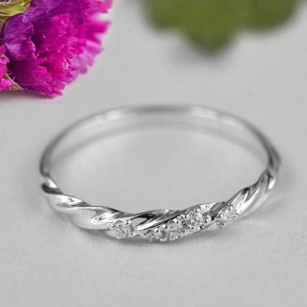 Twisted Wedding Ring, Dainty Band in 14K Solid Gold with Diamonds. - Image 6