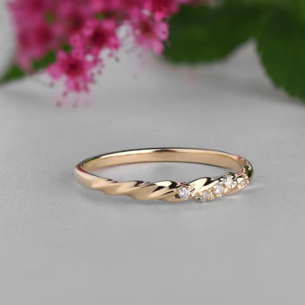 Twisted Wedding Ring, Dainty Band in 14K Solid Gold with Diamonds. - Image 7