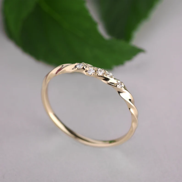 Twisted Wedding Ring, Dainty Band in 14K Solid Gold with Diamonds. - Image 8