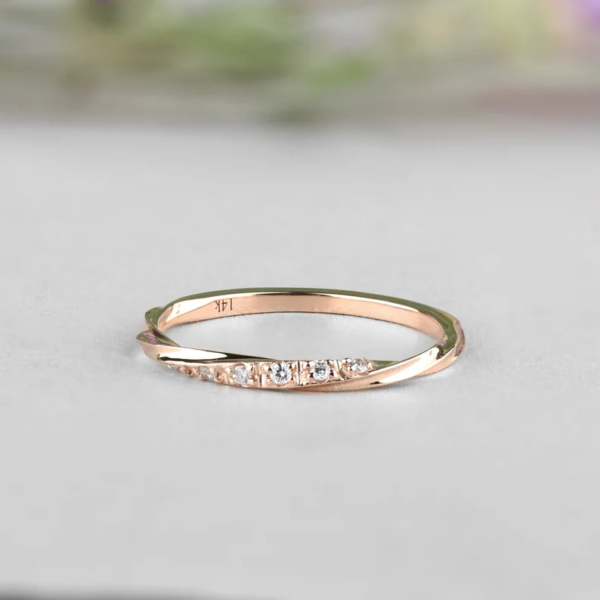 Dainty Wedding Band With Diamonds 14K Rose Gold Twist Ring.