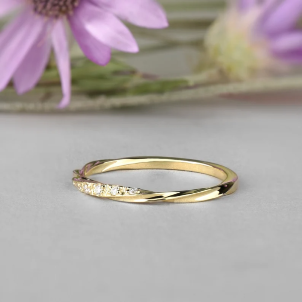 Dainty Wedding Band With Diamonds 14K Rose Gold Twist Ring. - Image 6