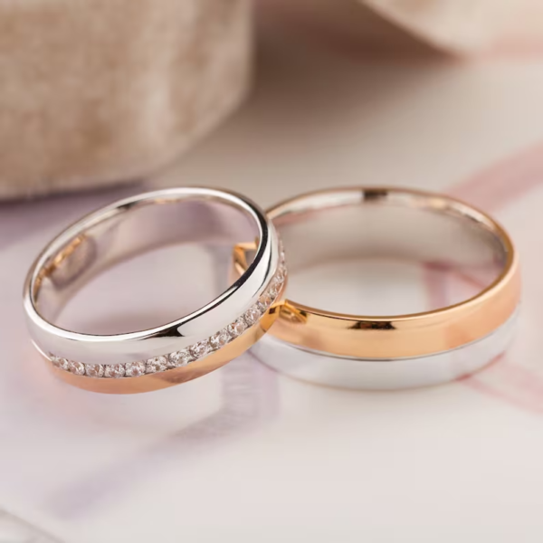 Two tone wedding bands set with diamonds. - Image 5