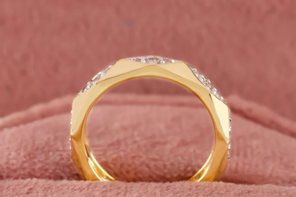 Solid 14K Yellow Gold Band, 2.3 MM Round Cut Colorless Moissanite Wedding Ring. - Image 2
