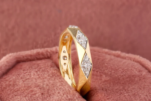 Solid 14K Yellow Gold Band, 2.3 MM Round Cut Colorless Moissanite Wedding Ring.