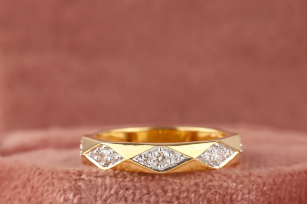 Solid 14K Yellow Gold Band, 2.3 MM Round Cut Colorless Moissanite Wedding Ring. - Image 4
