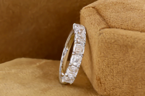Asscher Cut Moissanite Wedding Band. 14K White Gold Half Eternity Ring. - Image 7