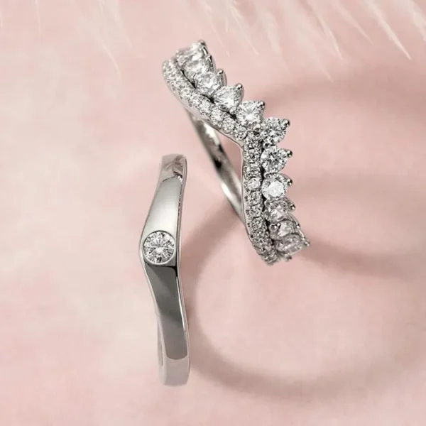 Unique Diamond Wedding Band Curved Marriage Ring Set . - Image 4