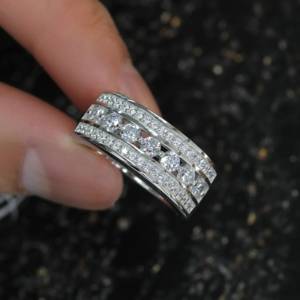 CZ Three Row Seven Stone Ring, 7mm Wide Diamond Band.