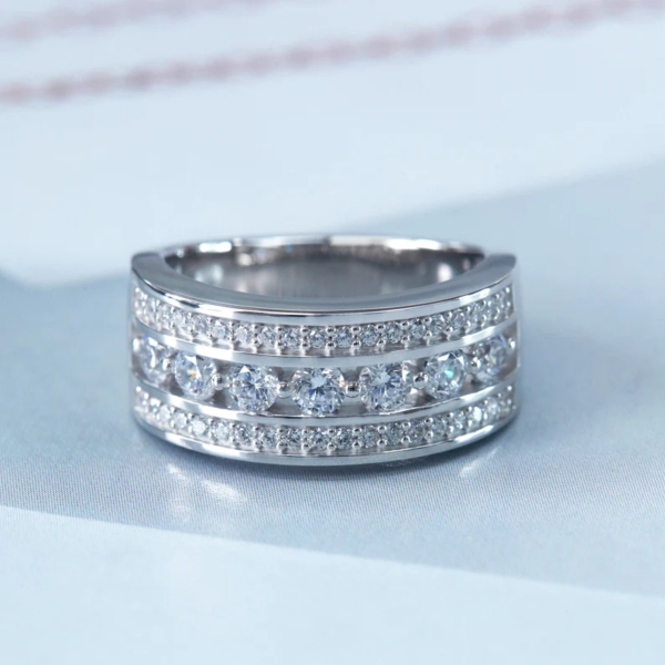 CZ Three Row Seven Stone Ring, 7mm Wide Diamond Band. - Image 2