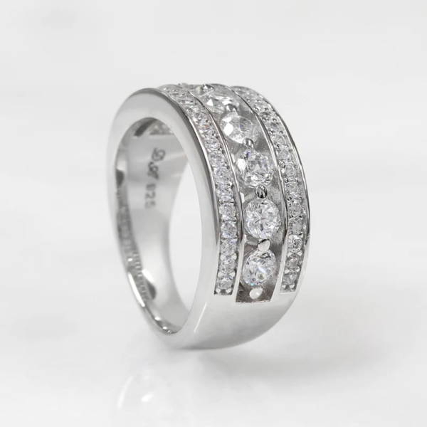 CZ Three Row Seven Stone Ring, 7mm Wide Diamond Band. - Image 3