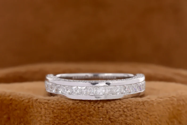 Princess Cut Colorless Moissanite Wedding Band,Round Moissanite Half Eternity Ring.