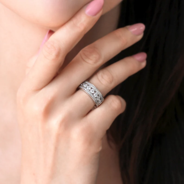 CZ Three Row Seven Stone Ring, 7mm Wide Diamond Band. - Image 4