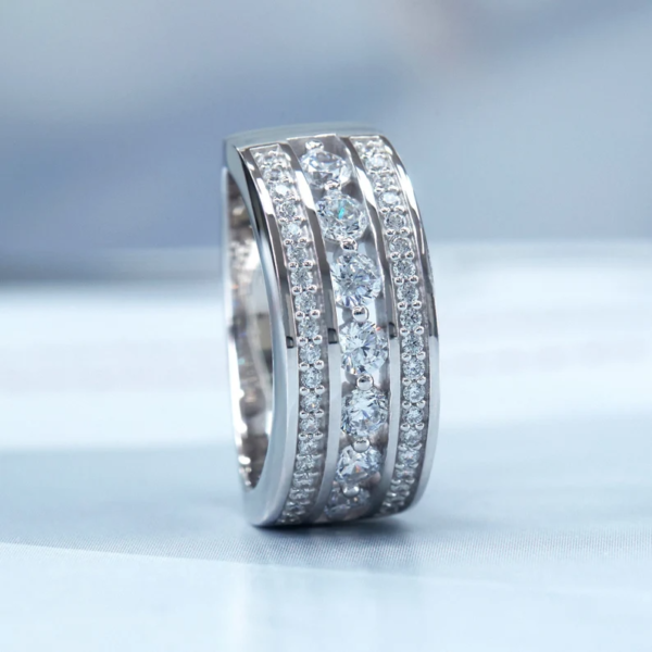 CZ Three Row Seven Stone Ring, 7mm Wide Diamond Band. - Image 5
