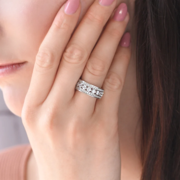 CZ Three Row Seven Stone Ring, 7mm Wide Diamond Band. - Image 6
