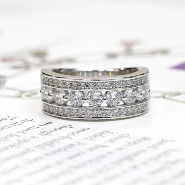 CZ Three Row Seven Stone Ring, 7mm Wide Diamond Band. - Image 7