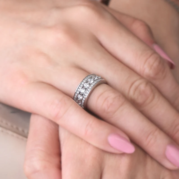 CZ Three Row Seven Stone Ring, 7mm Wide Diamond Band. - Image 8